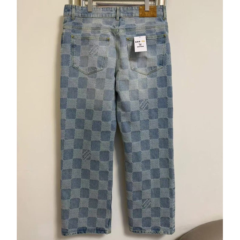Louis Vuitton Pharrell 滿版水洗棋盤格牛仔褲