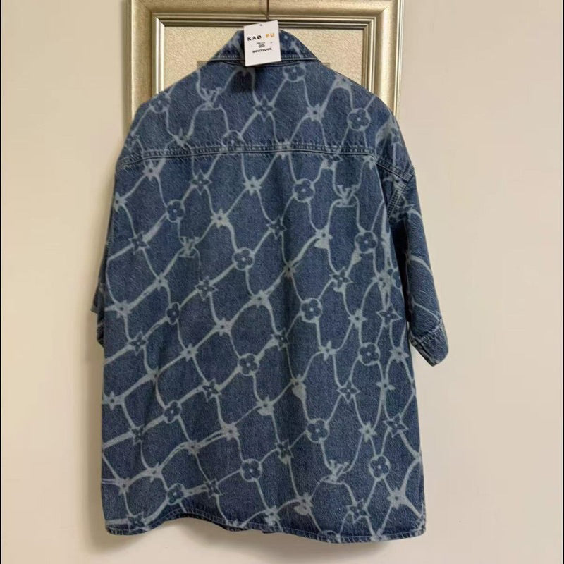 Louis Vuitton Pharrell 滿版老花牛仔短袖襯衫