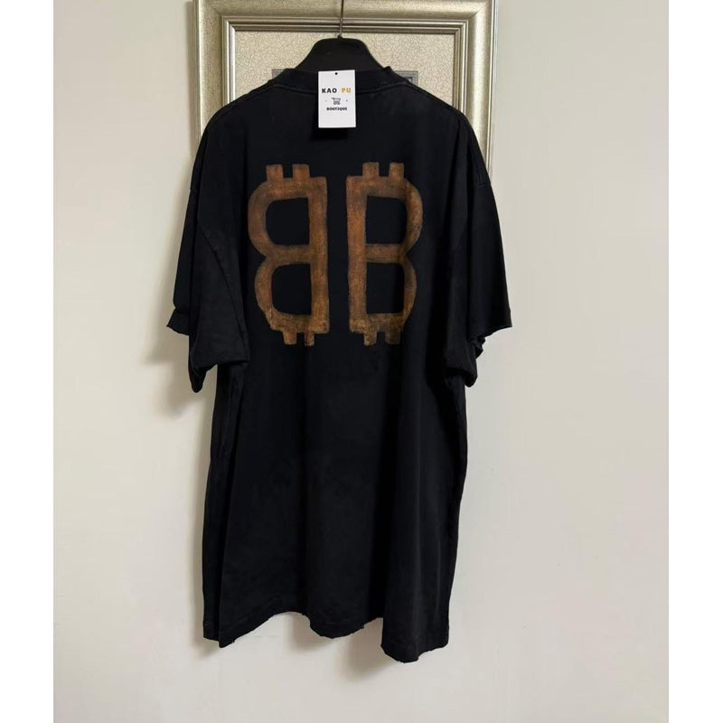 Balenciaga Crypto BB泥染刷破Logo Tee