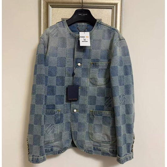 Louis Vuitton Pharrell 水洗棋盤格無領牛仔外套