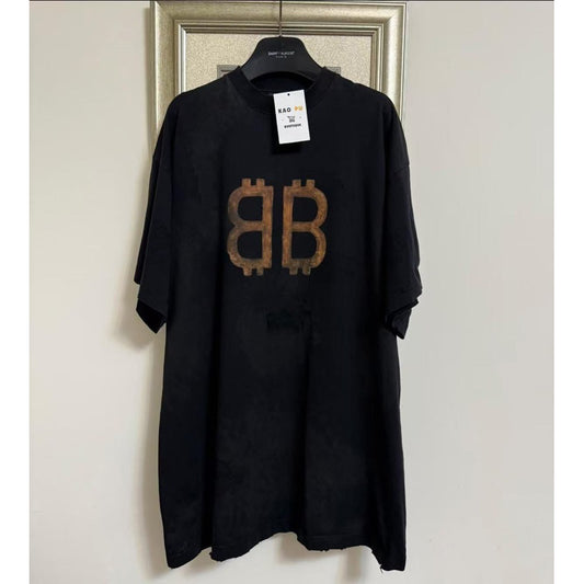 Balenciaga Crypto BB泥染刷破Logo Tee