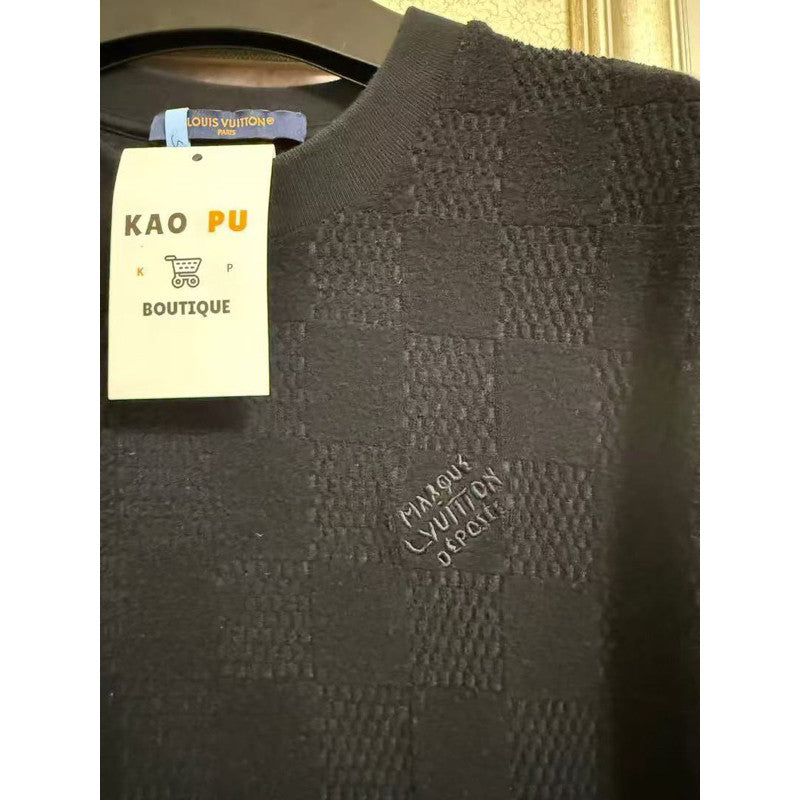 Louis Vuitton 黑色棋盤格毛巾Logo Tee