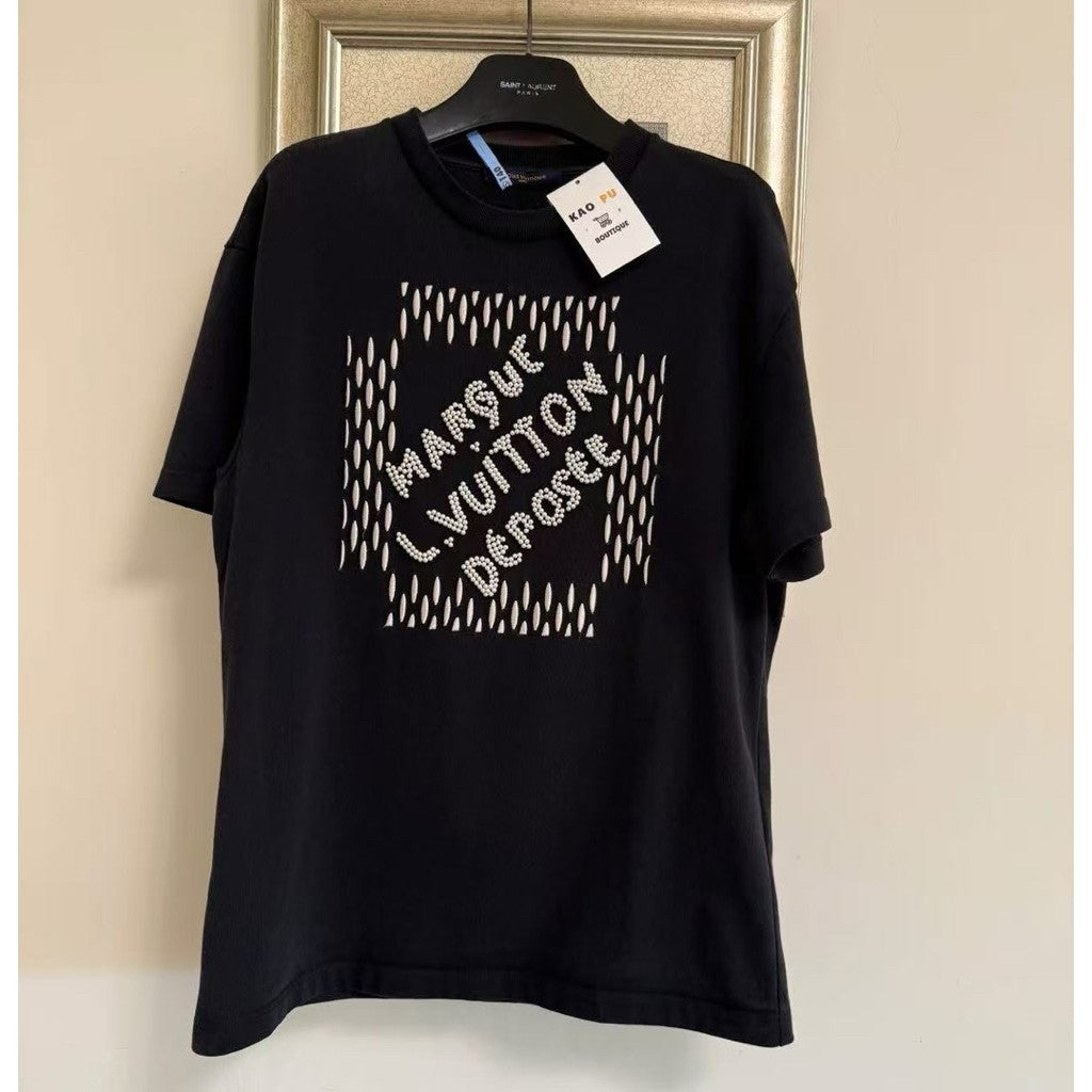 Louis Vuitton 黑色刺繡珍珠Logo Tee