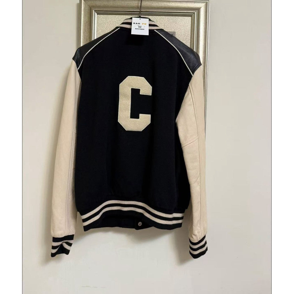 Celine 拼皮C字棒球外套