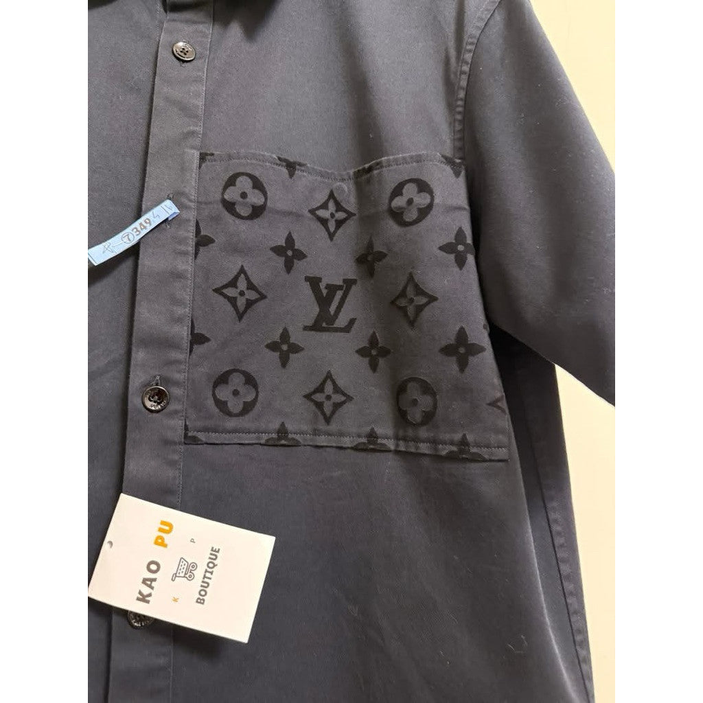 Louis Vuitton 黑色植絨老花口袋短袖襯衫（請先確認商品描述謝謝）